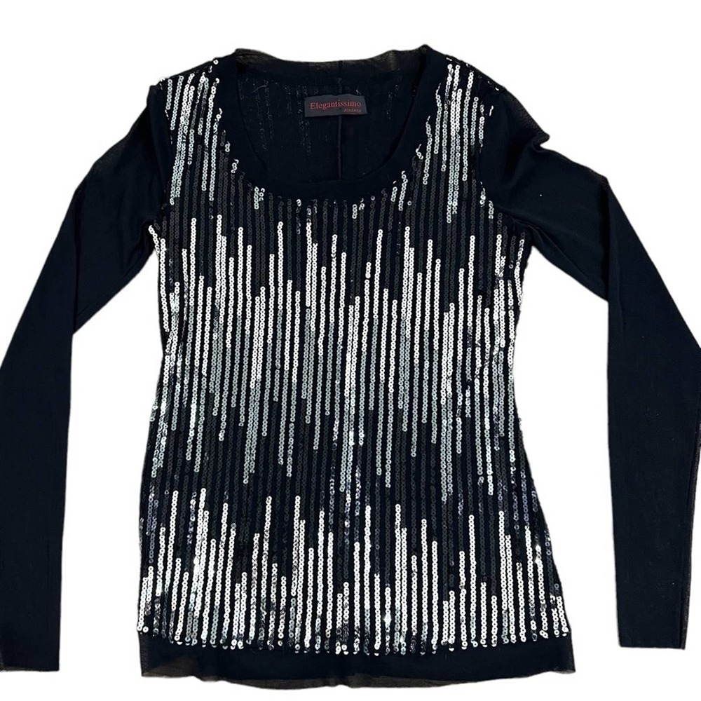 Elegantissimo Firenze Black Sequined Sheer Blouse Large